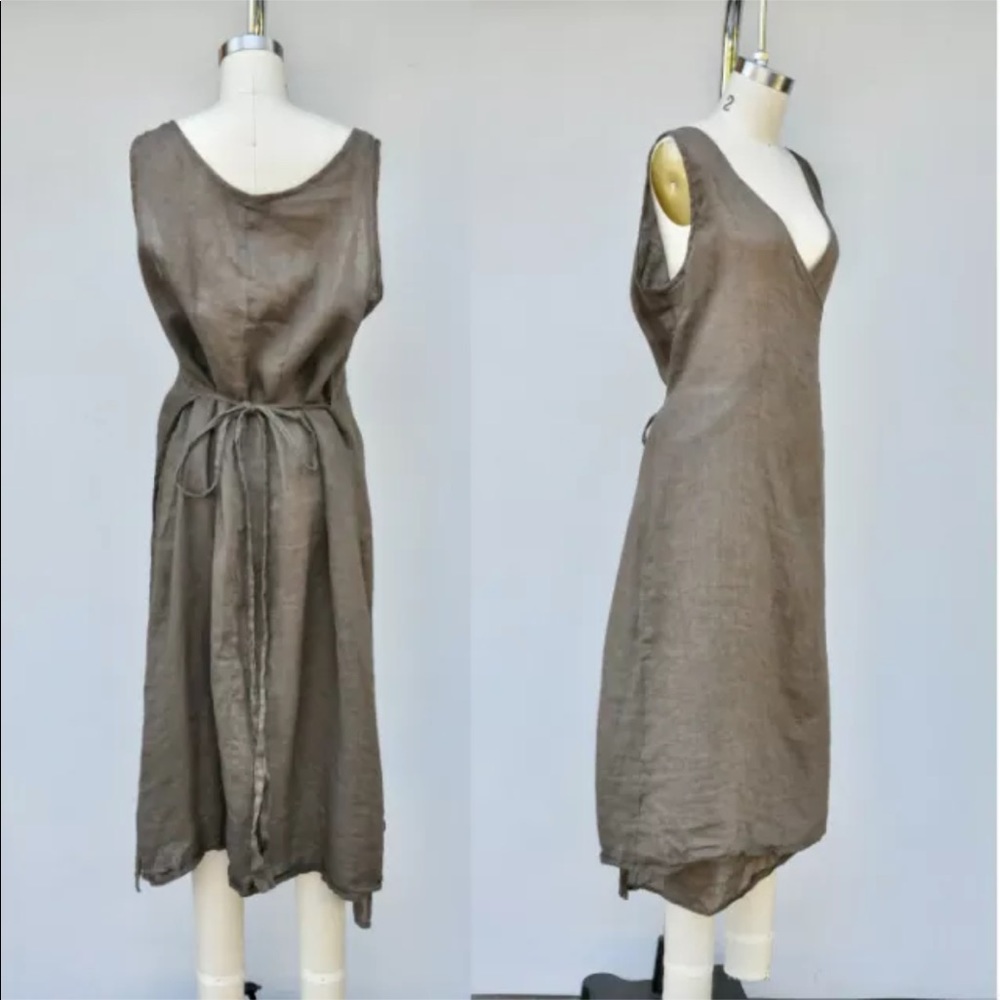 CP SHADES Linen Wrap Dress - Brown Linen Sleeveless Dress - Long Dress L